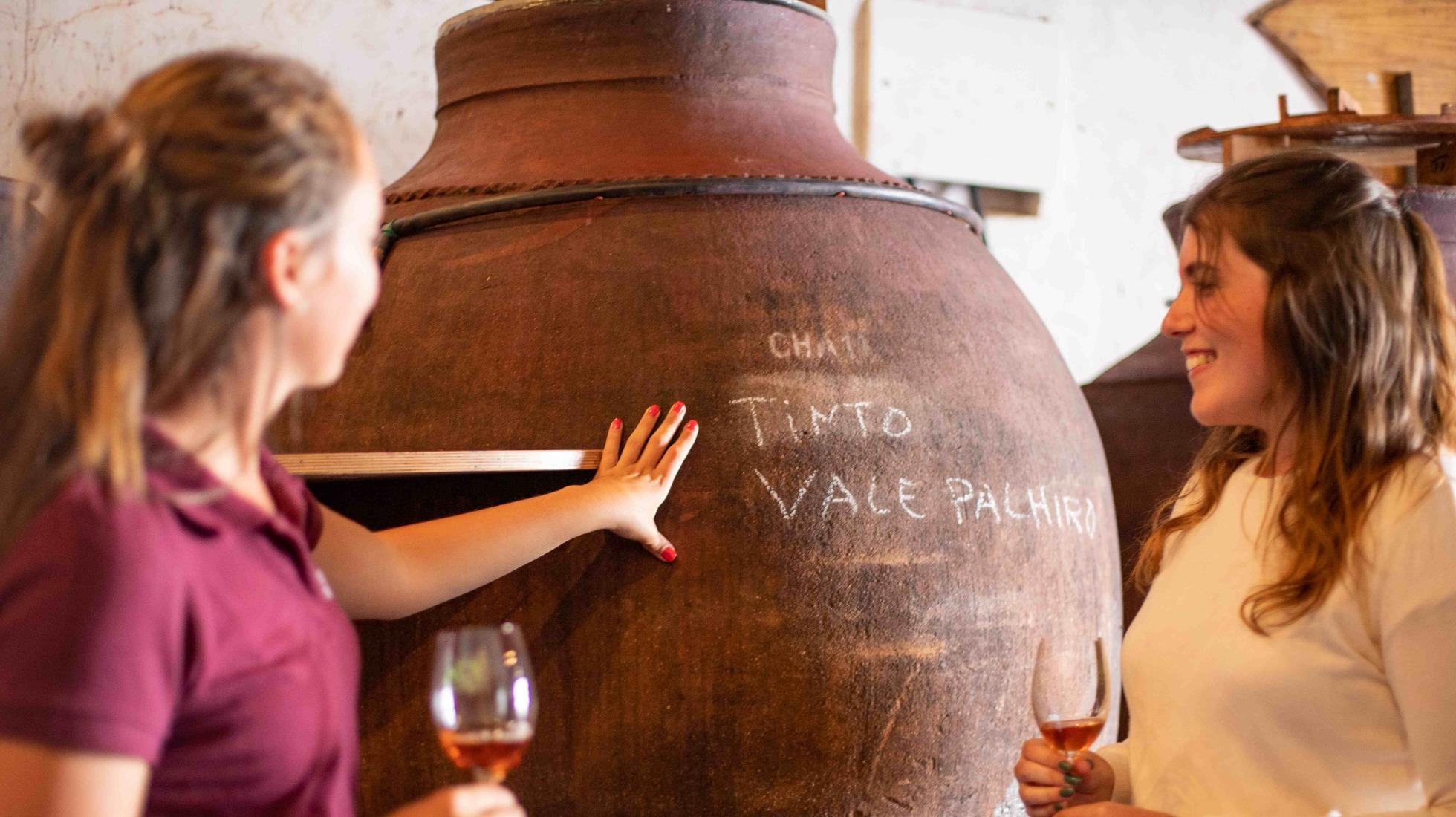 Private wine tasting beside traditional Roman-style clay amphorae used to make talha wine in Alentejo, Portugal